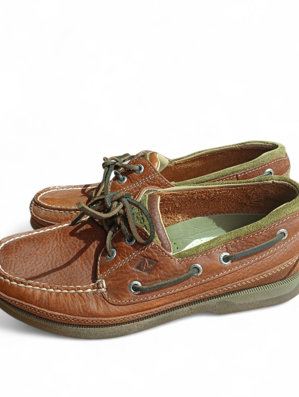 Sperry Men's Size 8 Brown Leather Boat Shoes with Green Accents
